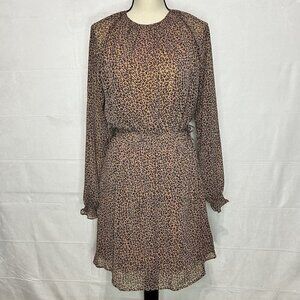 H&M Long Sleeve Animal Print Dress Brown Cinch Waist Lined Girls Sz 20